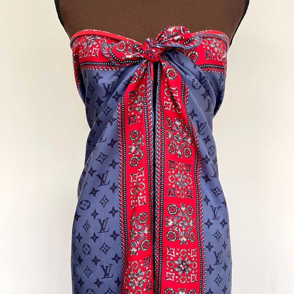 New Louis Vuitton Oversize Scarf Monogram Giant Blue Red Silk Wrap - Picture 10 of 16